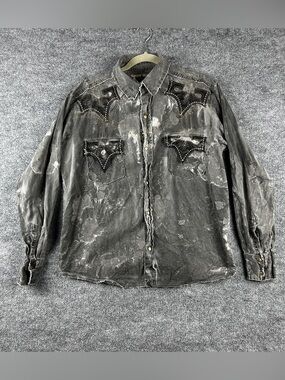 Toxic Waste Acid Wash Denim Applique Rhinestone Snap Shirt Size M Y2K Biker